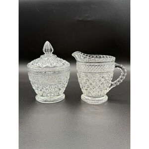 Vintage Pressed Glass Creamer & Sugar Bowl Set Diamond Point Pattern
